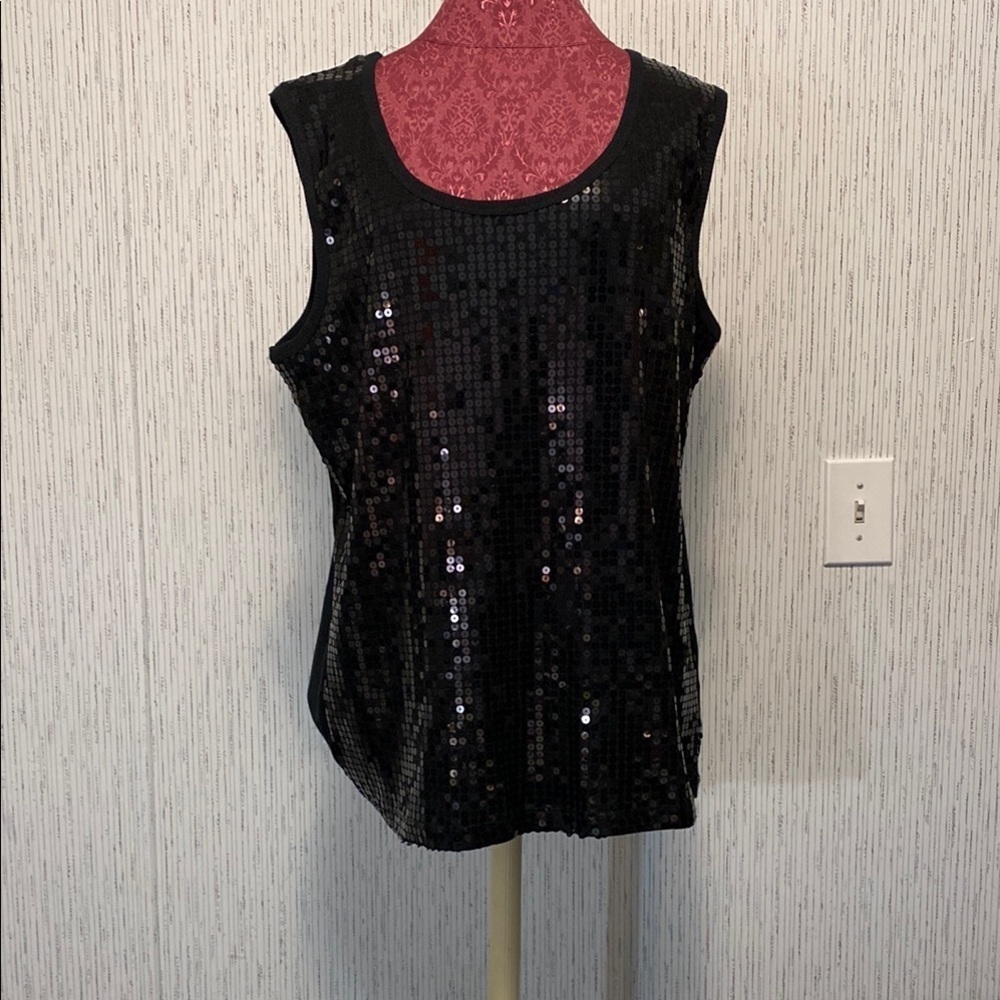 Women’s Black Sequin Denim 24/7 Size 1X Tank Top with Sleeveless Design